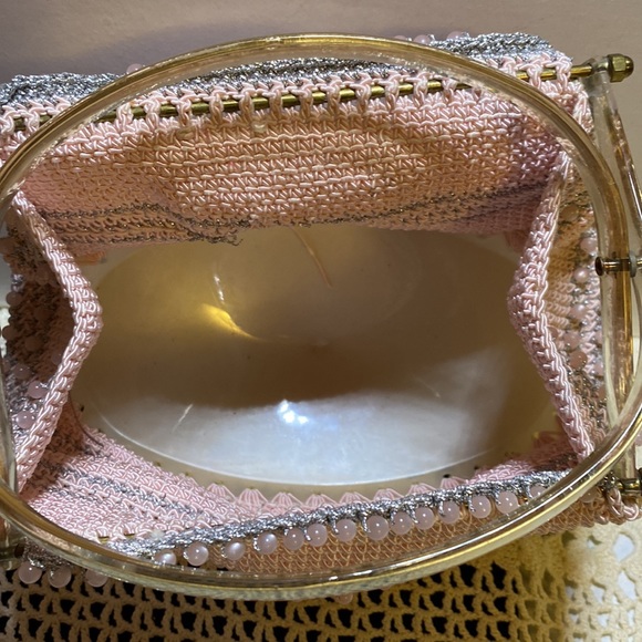 Handmade repurposed crocheted and beaded handbag with acrylic handles - Picture 7 of 10